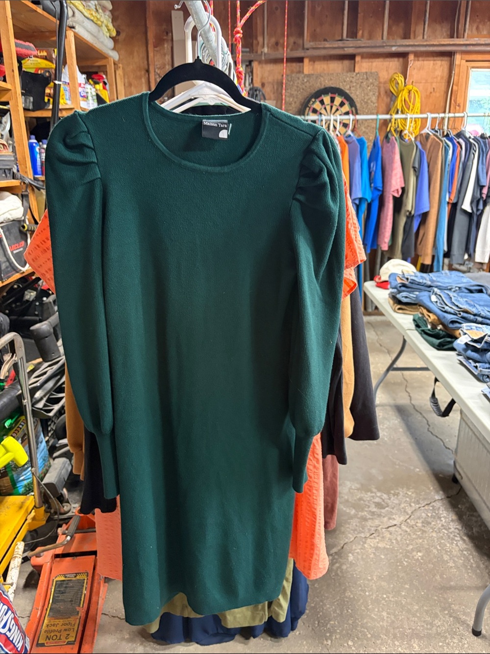 Deep Green Puff-Sleeve Knit Dress